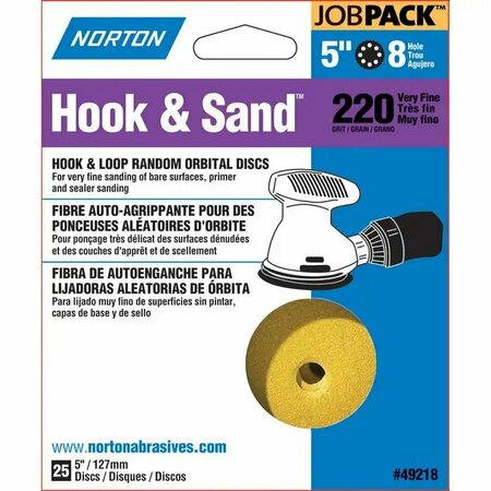 Norton Co 5" Hook & Sand 8-Hole Sanding Disc, P220-Grit, PK 25 49218